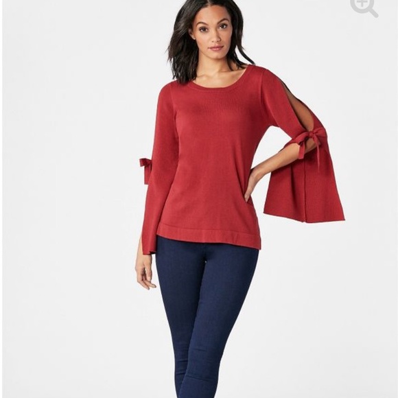 NWT Red Knit Boatneck Sweater w/Open Slit Sleeves - Picture 3 of 8